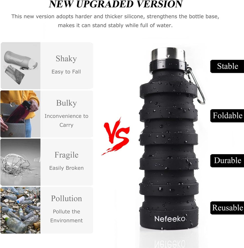 Nefeeko Collapsible Water Bottle, Reuseable BPA Free Silicone Foldable Water Bottles for Travel Gym Camping Hiking, Portable Leak Proof Sports Water Bottle with Carabiner - Image 2