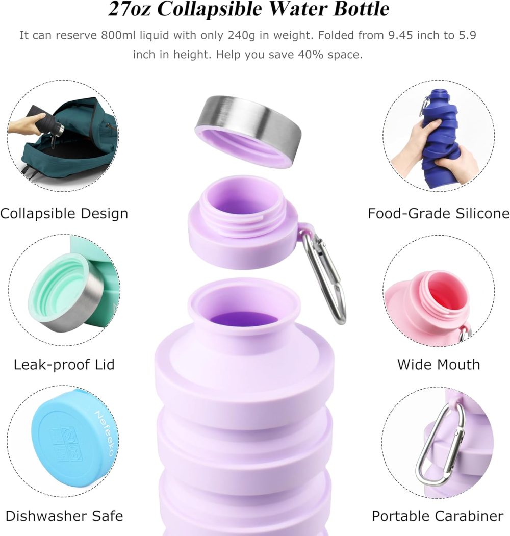 Nefeeko Collapsible Water Bottle, Reuseable BPA Free Silicone Foldable Water Bottles for Travel Gym Camping Hiking, Portable Leak Proof Sports Water Bottle with Carabiner - Image 4