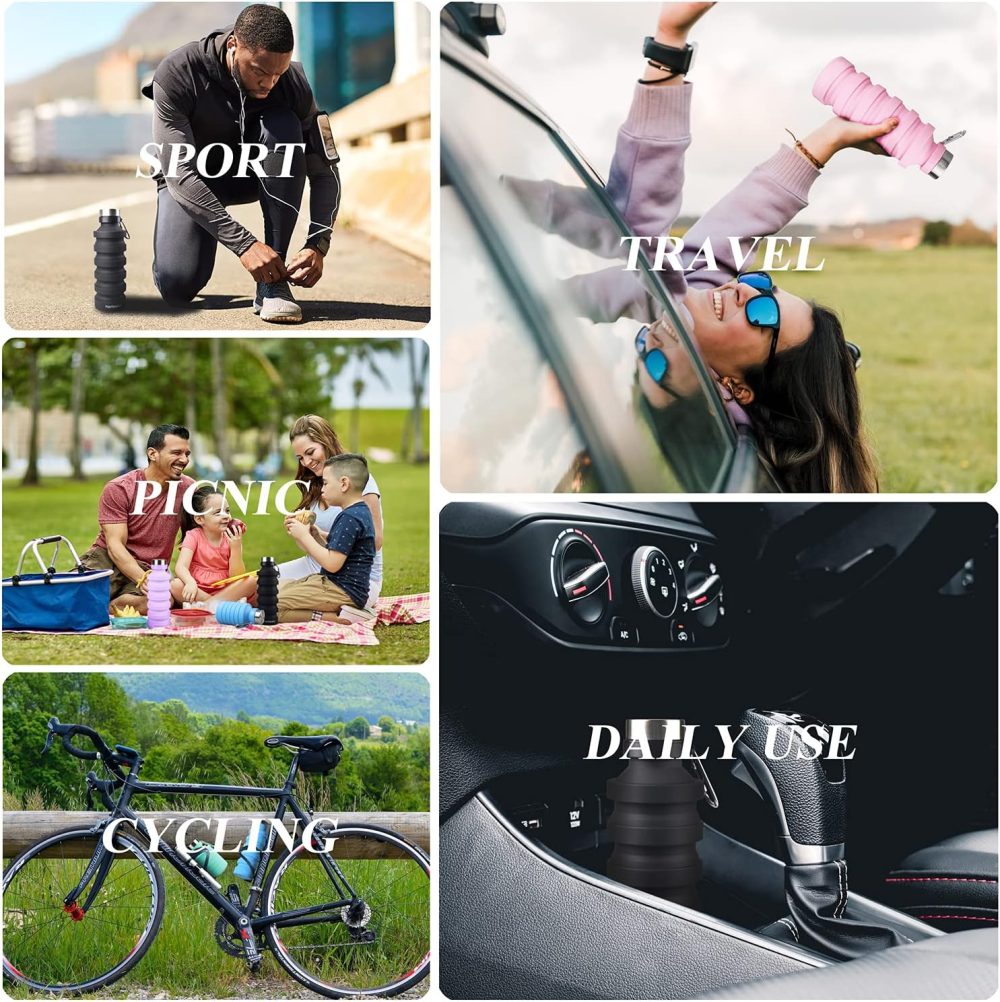 Nefeeko Collapsible Water Bottle, Reuseable BPA Free Silicone Foldable Water Bottles for Travel Gym Camping Hiking, Portable Leak Proof Sports Water Bottle with Carabiner - Image 5