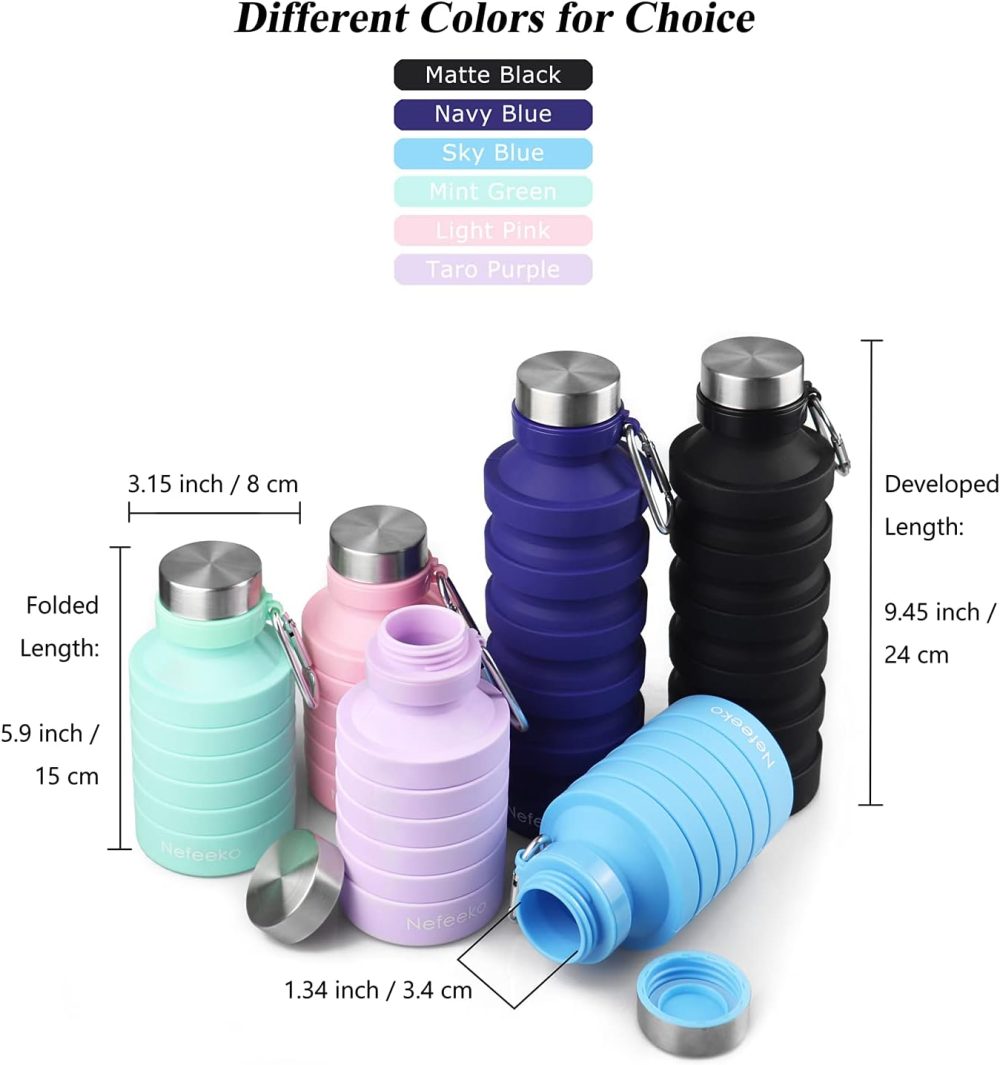 Nefeeko Collapsible Water Bottle, Reuseable BPA Free Silicone Foldable Water Bottles for Travel Gym Camping Hiking, Portable Leak Proof Sports Water Bottle with Carabiner - Image 6